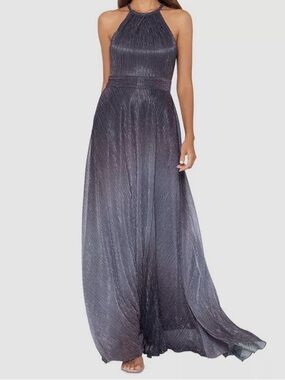 Betsy & Adam Metallic Ombre Halter Neckline Sleeveless Gown in Grey & Purple